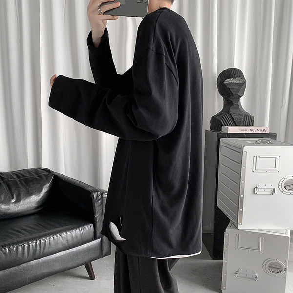 Bluză casual pentru bărbați cu mâneci lungi și dreapta rupte