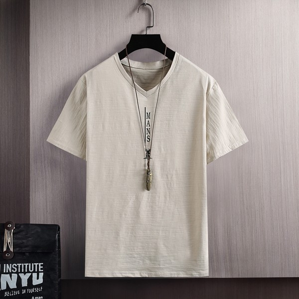 Tricou casual cu inscripție și decolteu spitz pentru bărbați