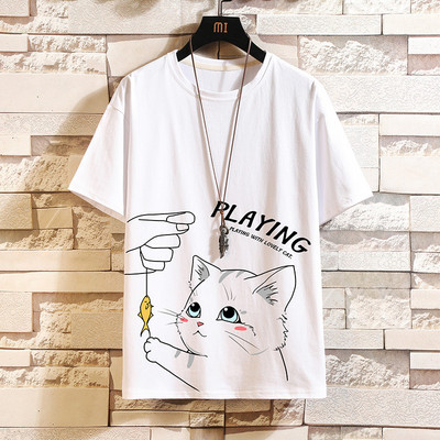 Нов модел мъжка широка тениска с щампа и къс ръкав 