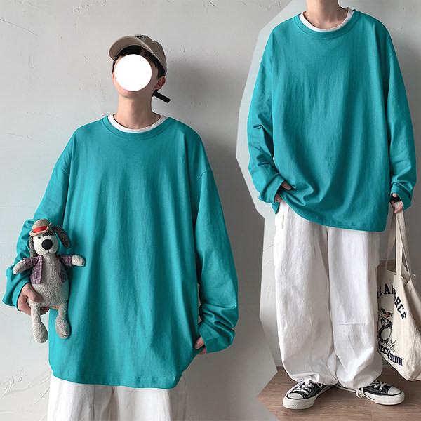 Bluză pentru bărbați de culoare uni cu decolteu oval și mâneci lungi