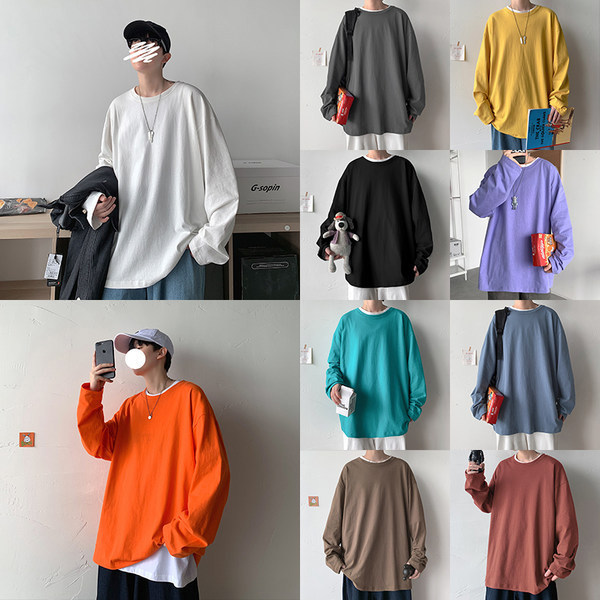 Bluză pentru bărbați de culoare uni cu decolteu oval și mâneci lungi