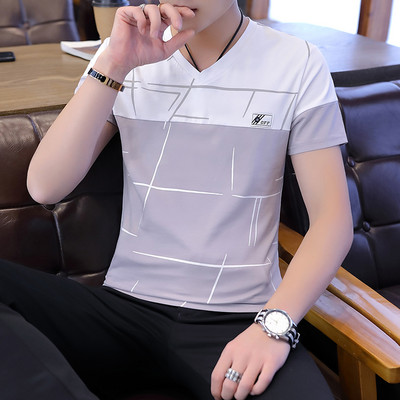 Tricou barbatesc model nou cu decolteu spitz si maneci scurte - mai multe culori