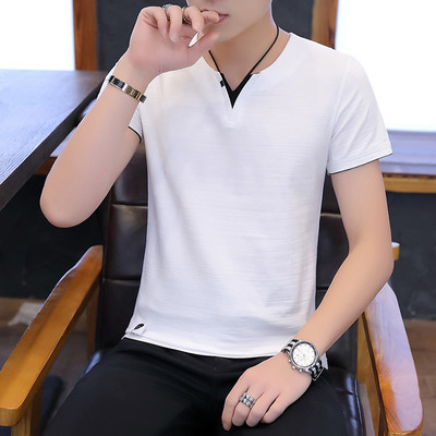 Tricou barbatesc model nou cu decolteu spitz si maneci scurte - mai multe culori