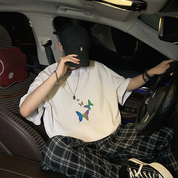 Tricou casual barbatesc cu aplicatie si maneci scurte - alb si negru