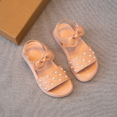 Sandale din piele pentru copii decorate cu perle si panglica