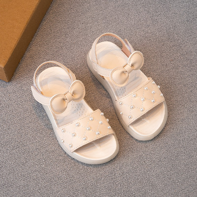 Sandale din piele pentru copii decorate cu perle si panglica