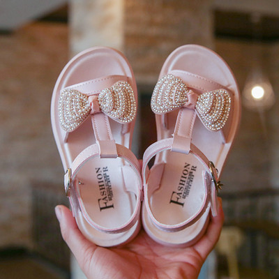 Sandale pentru copii cu perle si panglica in trei culori