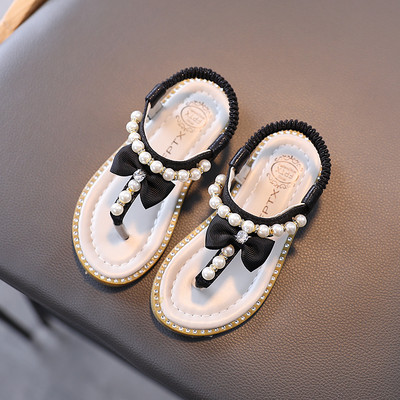 Sandale de dama cu panglica si perle cu talpa plata