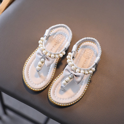 Sandale de dama cu panglica si perle cu talpa plata