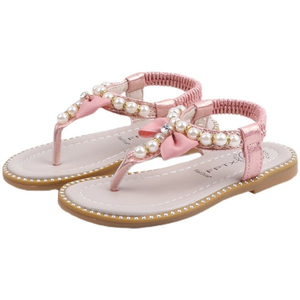 Sandale de dama cu panglica si perle cu talpa plata