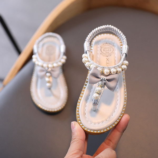 Sandale de dama cu panglica si perle cu talpa plata