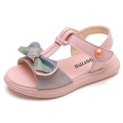 Sandale pentru copii cu efect lucios si panglica