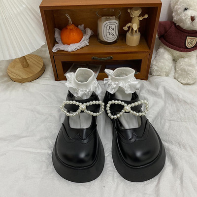 Model nou de pantofi de dama cu talpa groasa si perle - culoare neagra