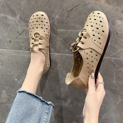 Pantofi casual de dama din piele cu sireturi in maro bej si negru