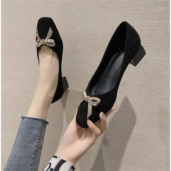 Pantofi casual dama cu toc patrat si panglica