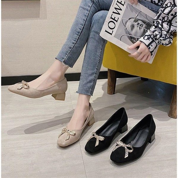 Pantofi casual dama cu toc patrat si panglica