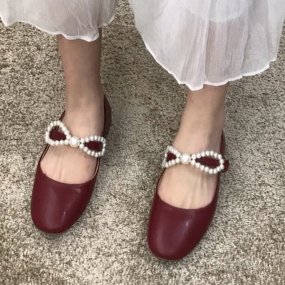 Pantofi casual dama cu perle si panglica in doua culori