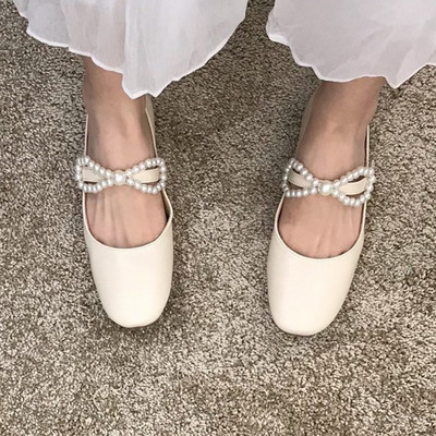 Pantofi casual dama cu perle si panglica in doua culori