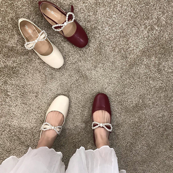 Pantofi casual dama cu perle si panglica in doua culori