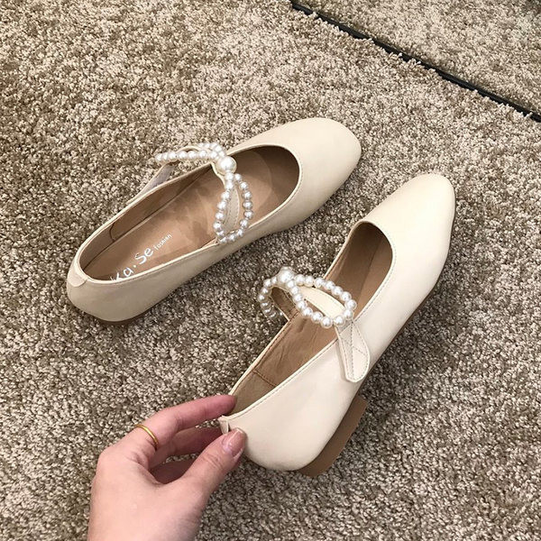 Pantofi casual dama cu perle si panglica in doua culori