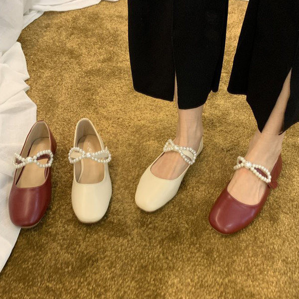 Pantofi casual dama cu perle si panglica in doua culori