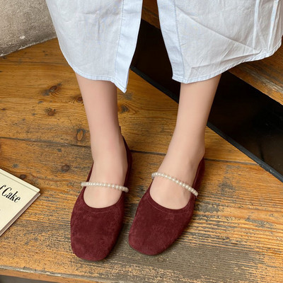 Pantofi casual dama din piele intoarsa ecologica cu perle in trei culori