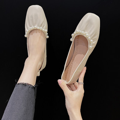 Pantofi de dama din piele cu perle in doua culori