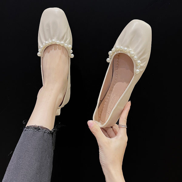 Pantofi de dama din piele cu perle in doua culori