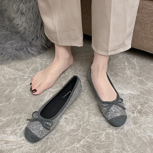 Pantofi de dama stralucitori cu talpa plate si panglica