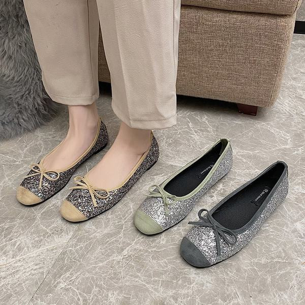 Pantofi de dama stralucitori cu talpa plate si panglica