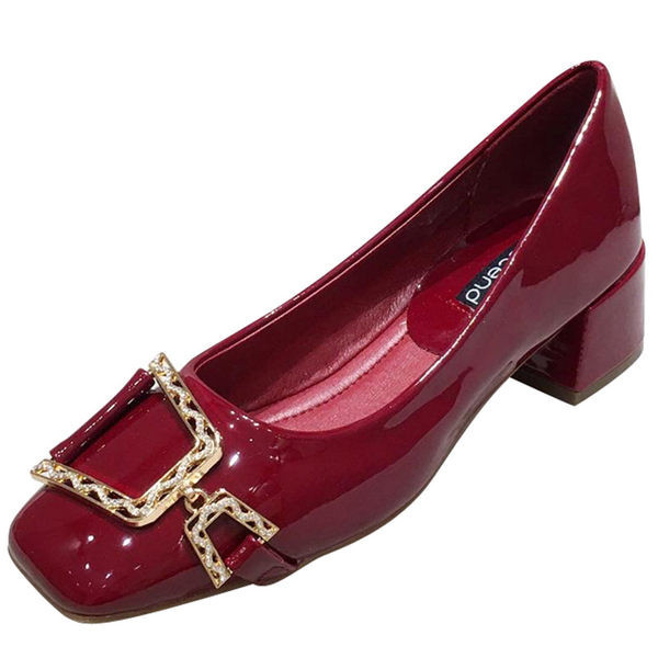 Pantofi moderni de dama din piele lacuita cu catarama metalica si toc gros