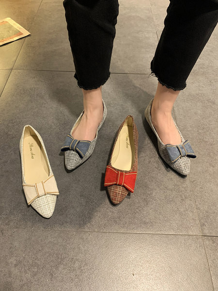 Pantofi casual dama in carouri cu talpa plata si panglica