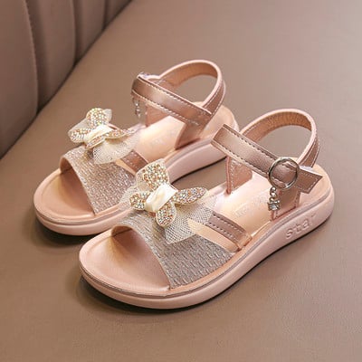 Sandale de fete moderne cu efect strălucitor și panglică