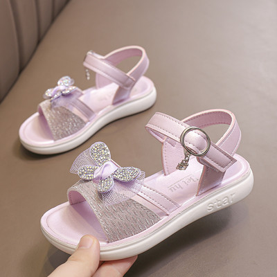 Sandale de fete moderne cu efect strălucitor și panglică