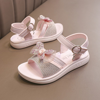 Sandale de fete moderne cu efect strălucitor și panglică