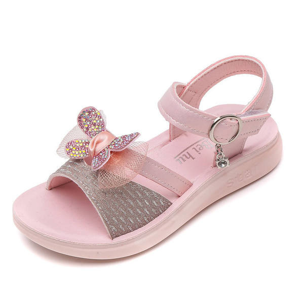 Sandale de fete moderne cu efect strălucitor și panglică