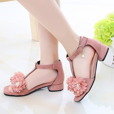 Sandale pentru fete din piele intoarsa ecologica cu flori 3D