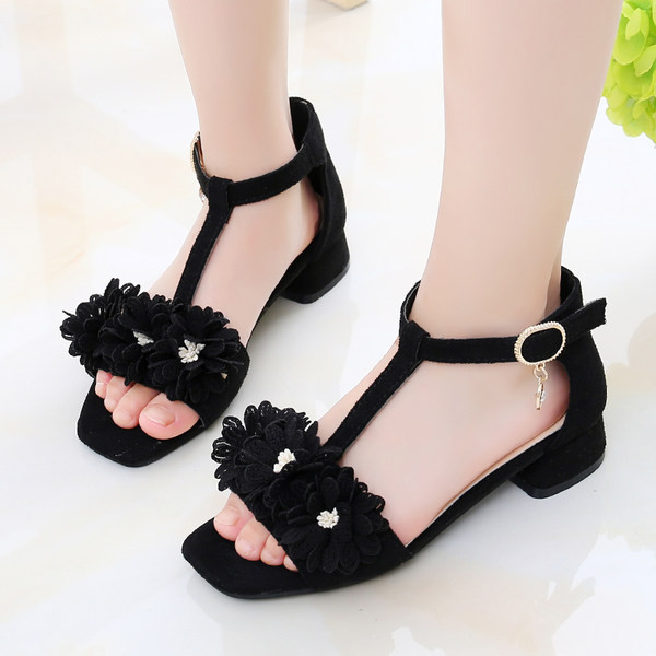 Sandale pentru fete din piele intoarsa ecologica cu flori 3D