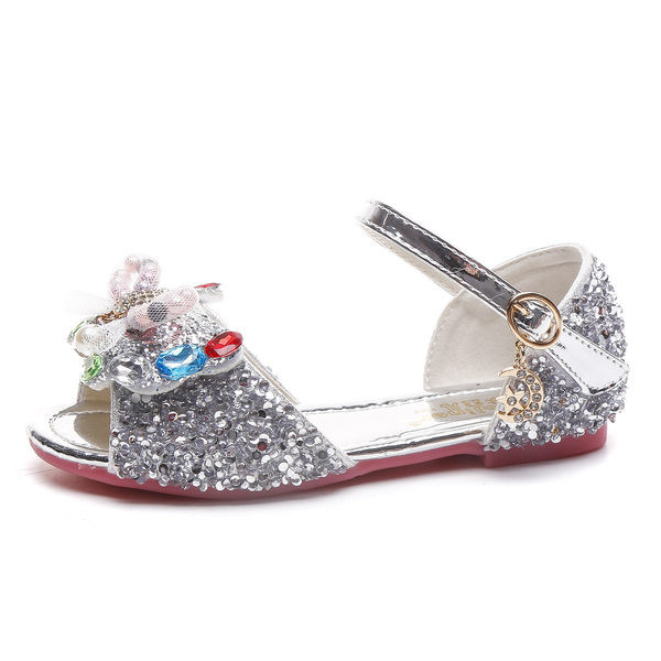 Sandale moderne pentru copii cu toc și efect strălucitor pentru fete