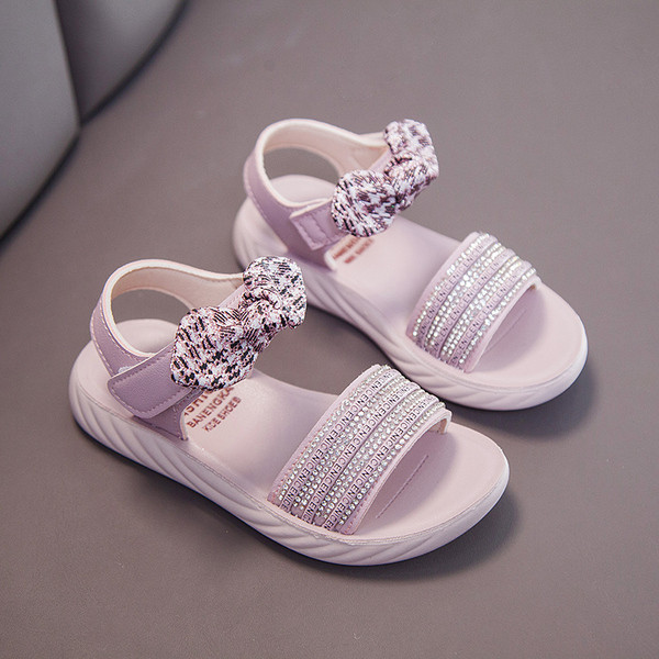 Μοντέρνα παιδικά σανδάλια με διακοσμητικές πέτρες και κορδέλα - για κορίτσια