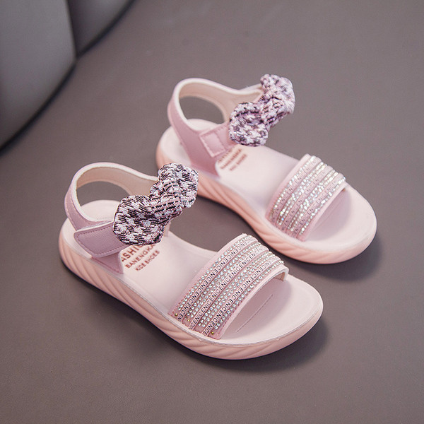 Μοντέρνα παιδικά σανδάλια με διακοσμητικές πέτρες και κορδέλα - για κορίτσια