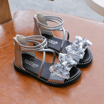 Sandale pentru copii cu talpa plata si panglica cu paiete