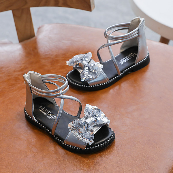 Sandale pentru copii cu talpa plata si panglica cu paiete