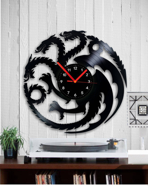 Ceas de perete din vinil la zi în formă rotundă cu dragon