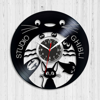 Стилен декоративен кръгъл часовник от винил с котки и надпис Studio Ghibli