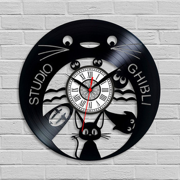 Стилен декоративен кръгъл часовник от винил с котки и надпис Studio Ghibli