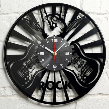 Модерен винилов кръгъл часовник с китари за стена и надпис ROCK