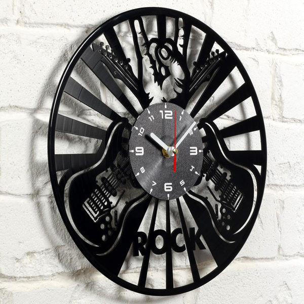 Ceas rotund din vinil modern cu chitare pentru perete și inscripție ROCK