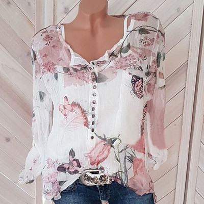 Ženska svježa proljetna bluza s gumbima s cvjetnim motivima u nekoliko modela i uključujući velike veličine
