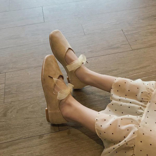 Pantofi dama din piele intoarsa ecologica cu panglica